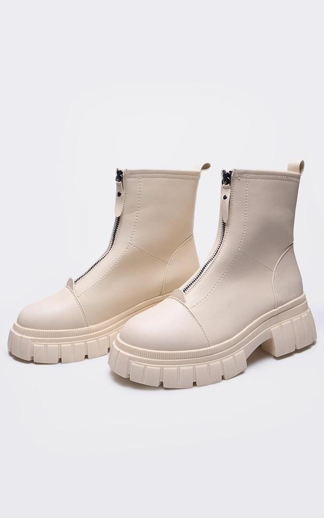 Cream Ribbed Chunky Sole Zip Up Ankle Boots Product Image