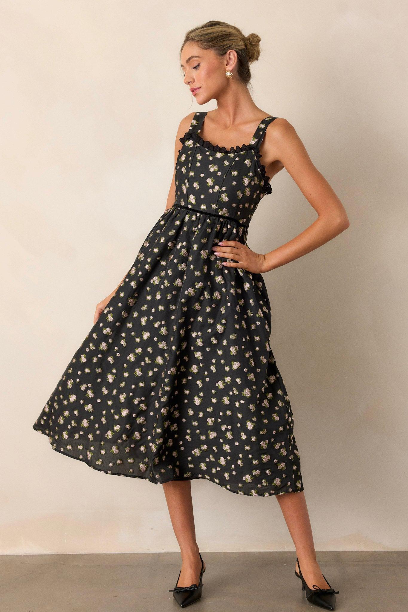 Going Out Again Black Floral Midi Dress Product Image