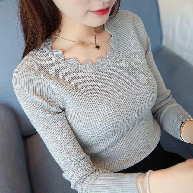 Long Sleeve Round Neck Plain Zig Zag Edge Ribbed Knit Top Product Image