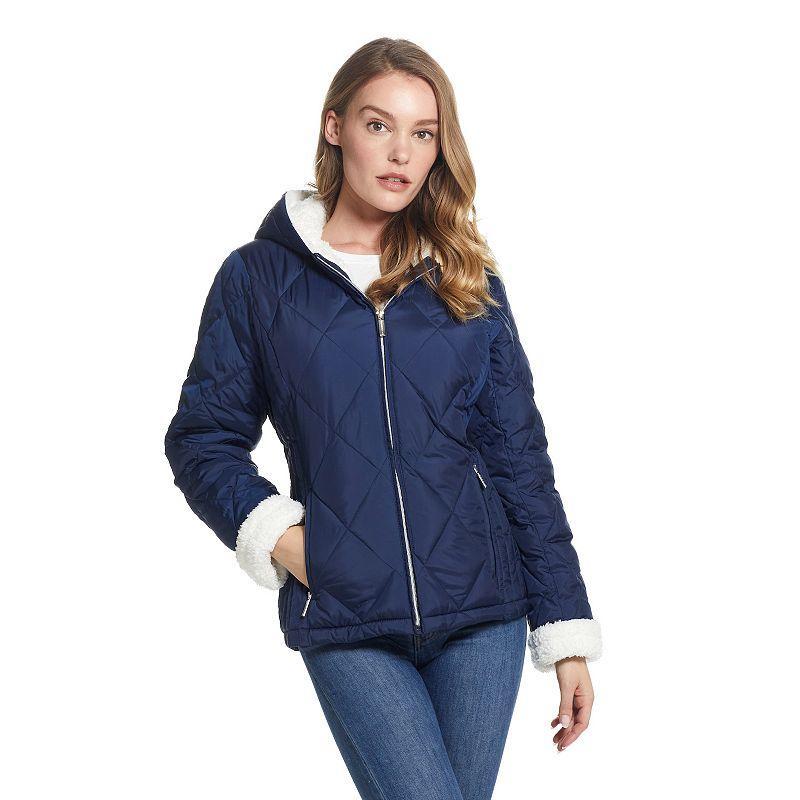 Womens Weathercast Sherpa-Trim Quilted Puffer Jacket Blue Product Image