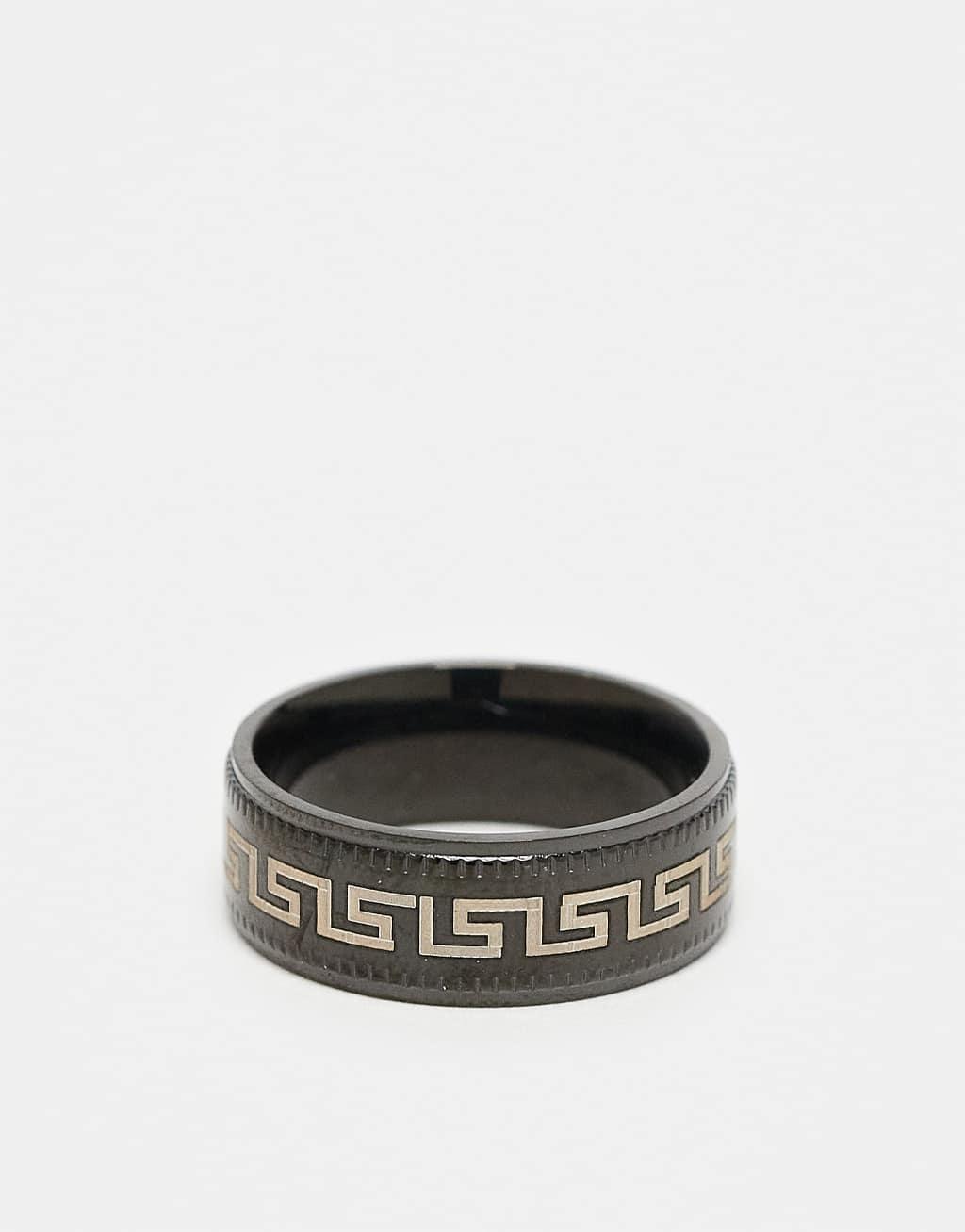 ASOS DESIGN waterproof stainless steel band ring with Greek wave in black tone Product Image