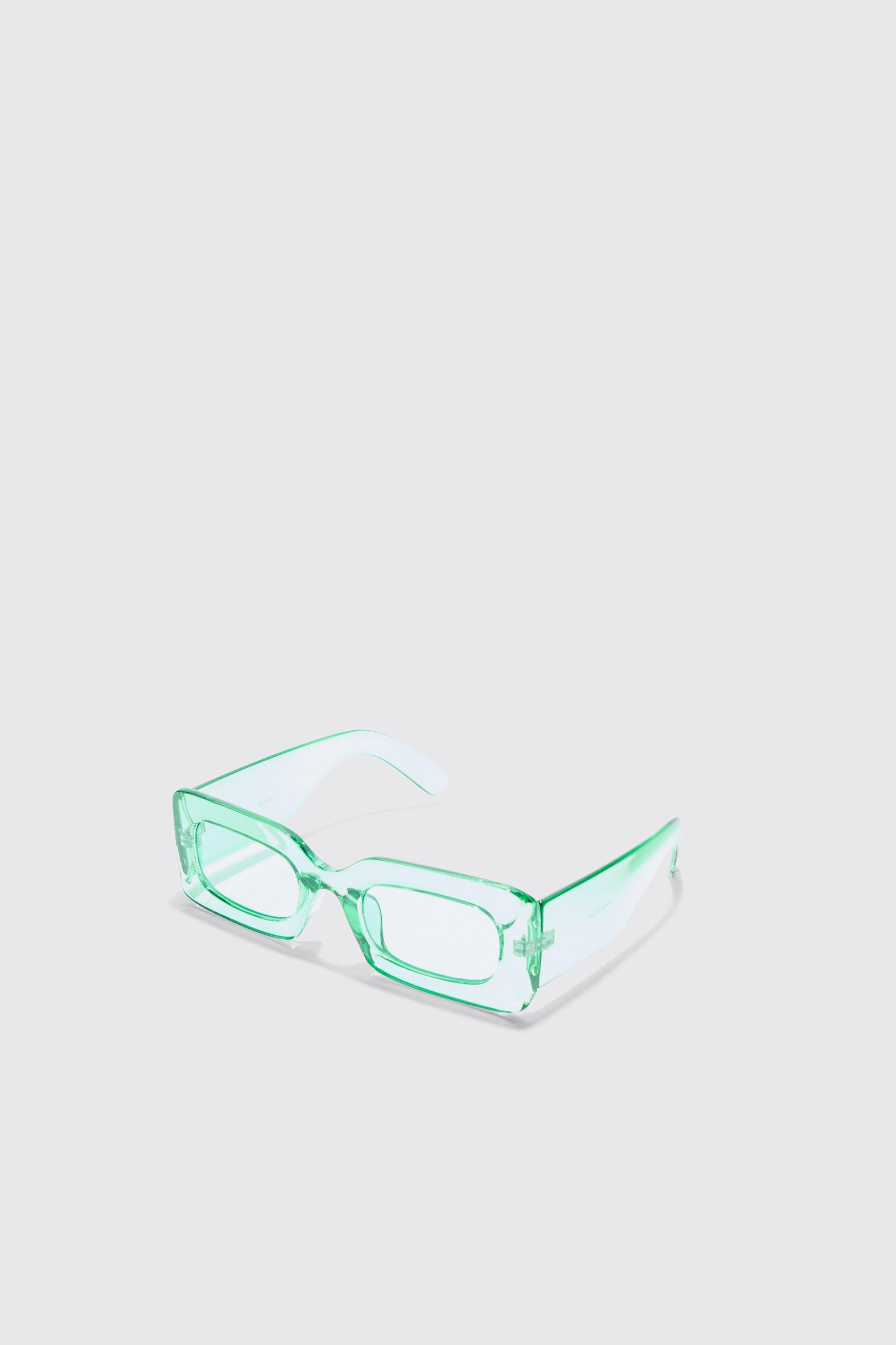 Rectangular Clear Plastic Sunglasses In Green | boohooMAN USA Product Image