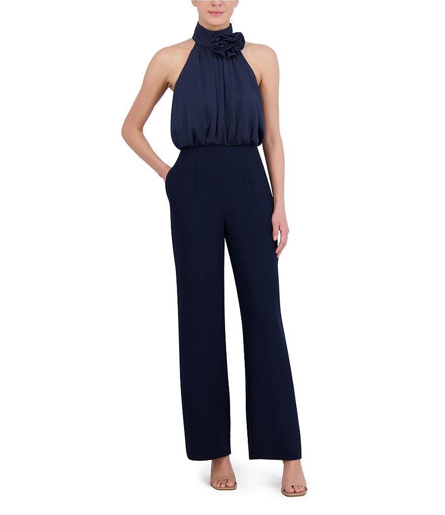 Eliza J Satin Rosette Embellished Mock Neck Sleeveless Blouson Jumpsuit Product Image