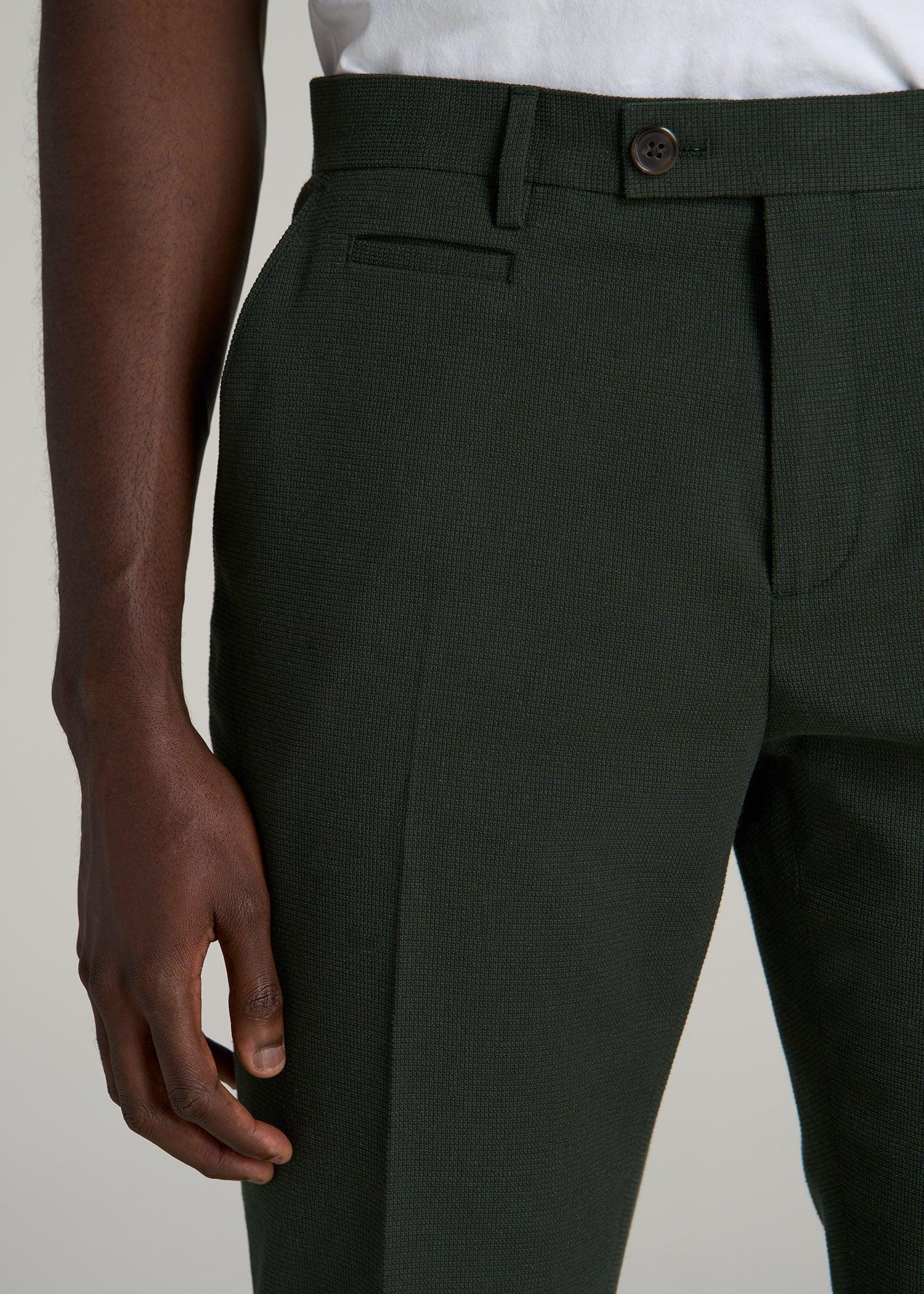 Textured Garment Washed Stretch Chino Suit Pants for Tall Men in Dark Olive Green Product Image