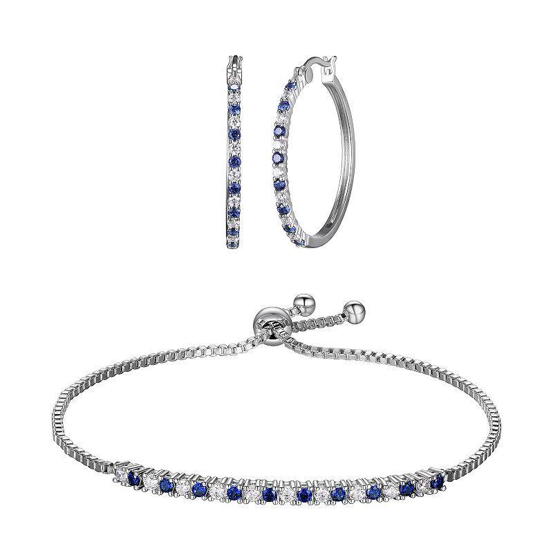 Sterling Silver Lab-Created Sapphire & Cubic Zirconia Bracelet & Hoop Earring Set, Womens Blue Product Image