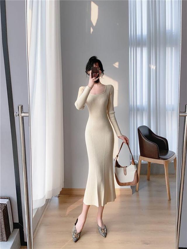 Long-Sleeve Square Neck Plain Ribbed Midi Mermaid Knit Dress Product Image