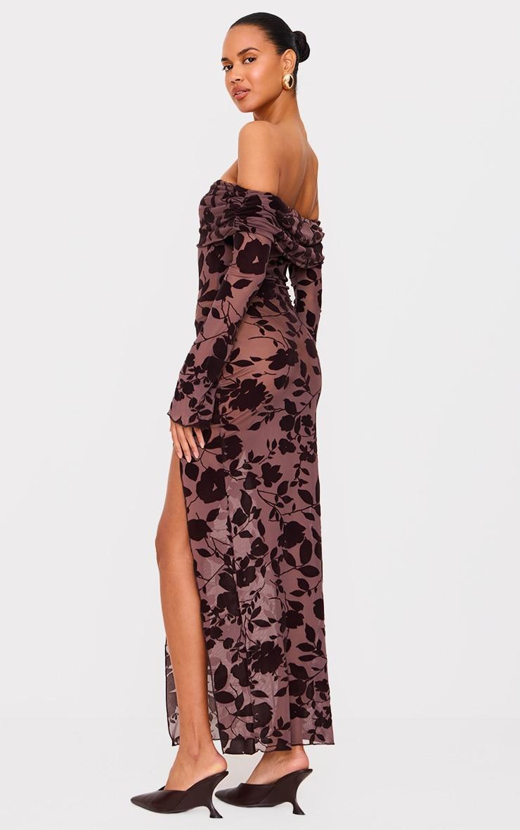 Chocolate Devore Bardot Long Sleeve Maxi Dress Product Image