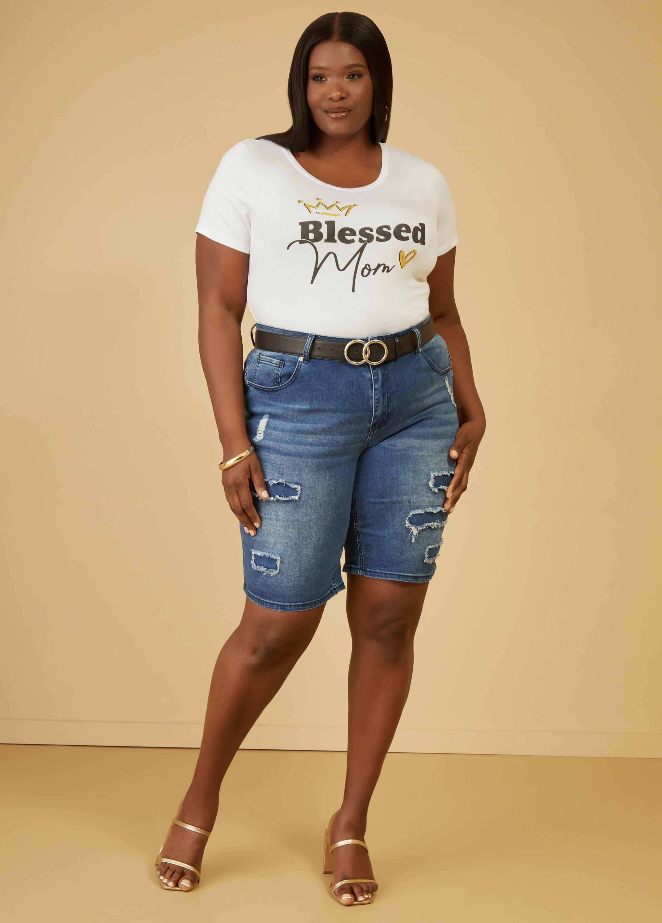 Plus Size Frayed Stretch Denim Shorts Ashley Stewart Product Image