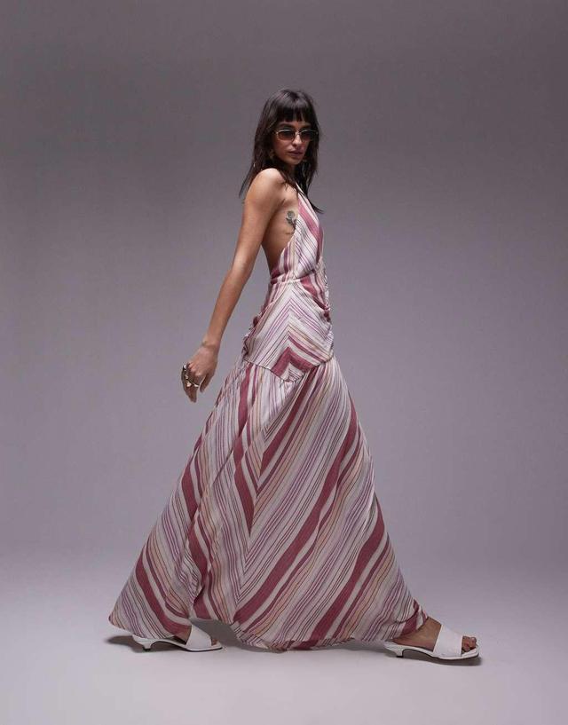 Topshop halterneck ruched front textured maxi dress in pink stripe Product Image