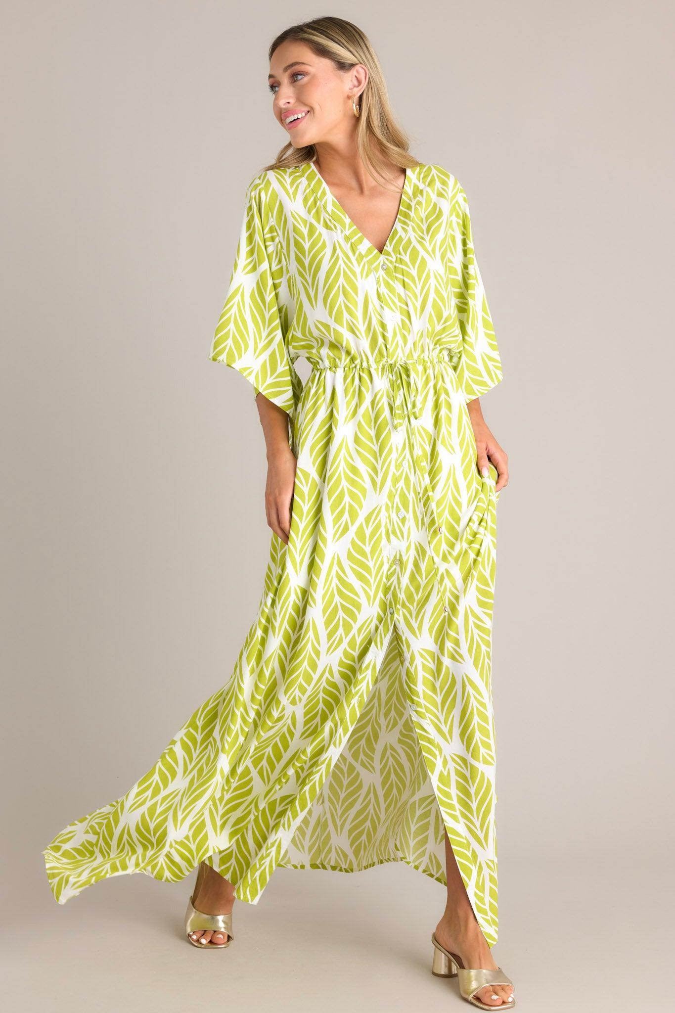 Sunset Palms Lime Green Tropical Print Button Front Maxi Dress Product Image