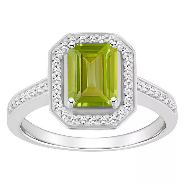 Celebration Gems Sterling Silver 8 mm x 6 mm Emerald Cut Gemstone & 1/5 Carat T.W. Diamond Halo Ring, Womens Peridot Product Image