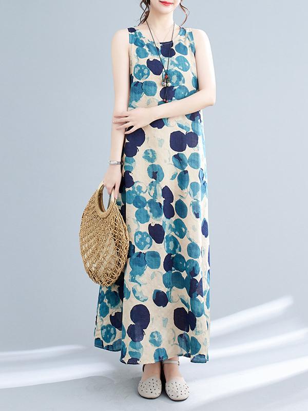 Loose Sleeveless Polka-Dot Round-Neck Maxi Dresses Product Image