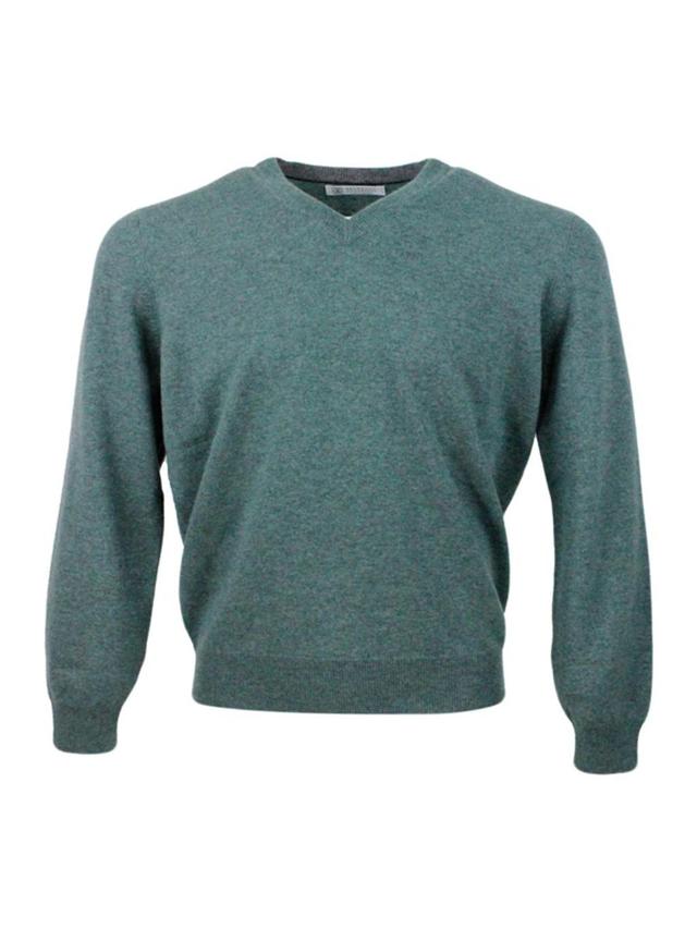 Long-sleeved V-neck Sweater In Fine 100% Cashmere With Contrasting Piping On The Cuff In Verde Product Image