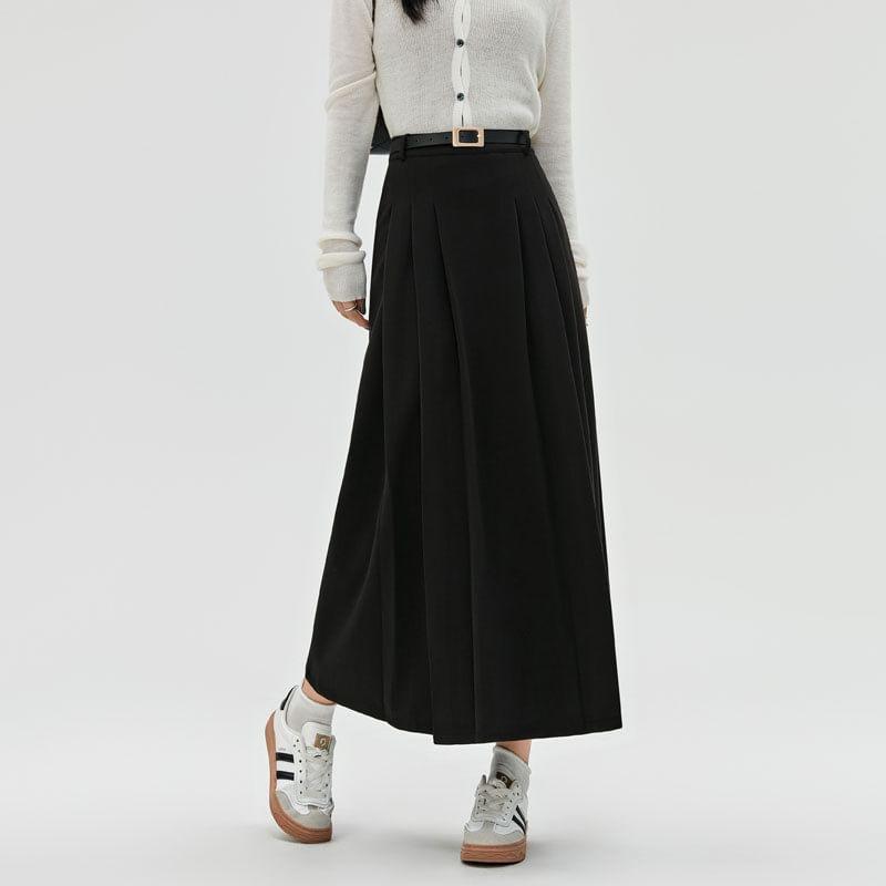 High Waist Plain Pleated Midi A-Line Skirt Product Image