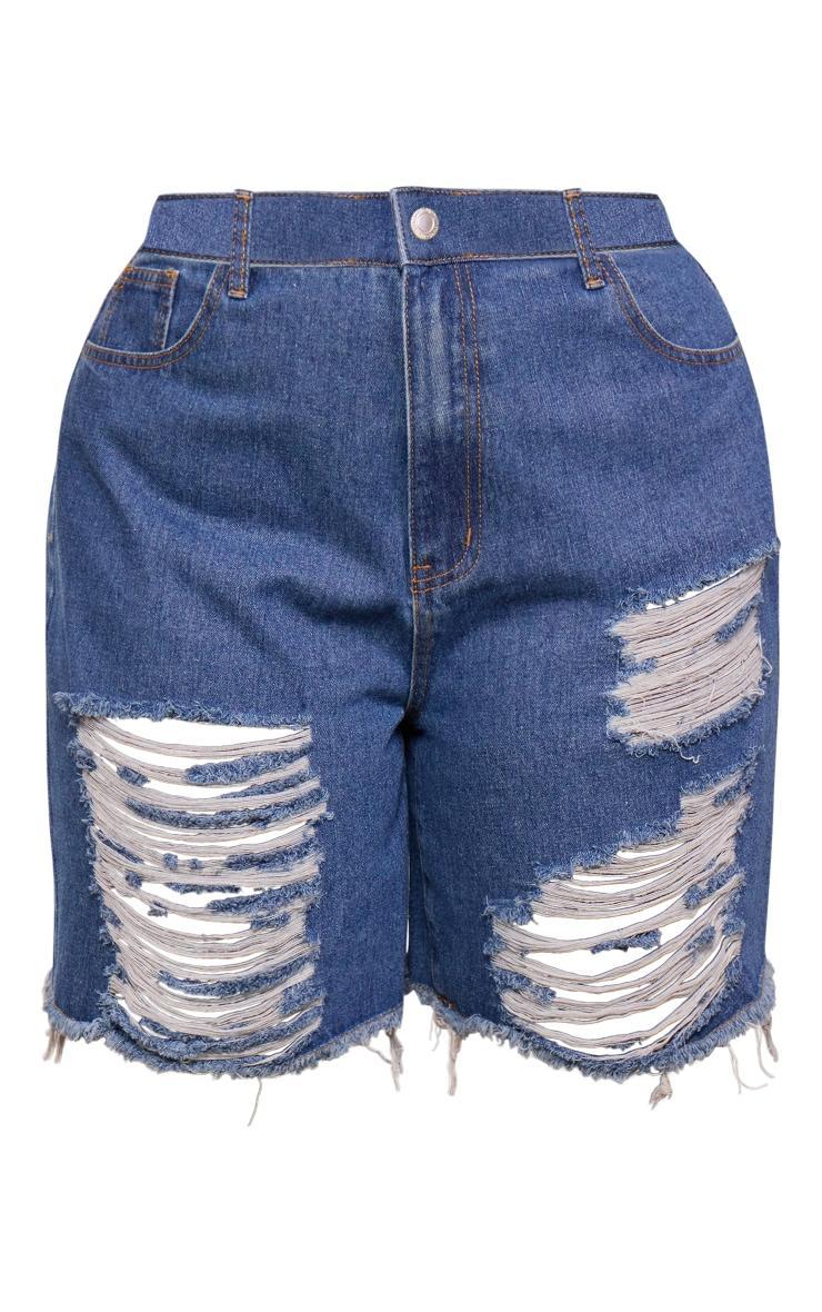 Plus Mid Blue Wash Distressed Longline Boyfriend Shorts Product Image