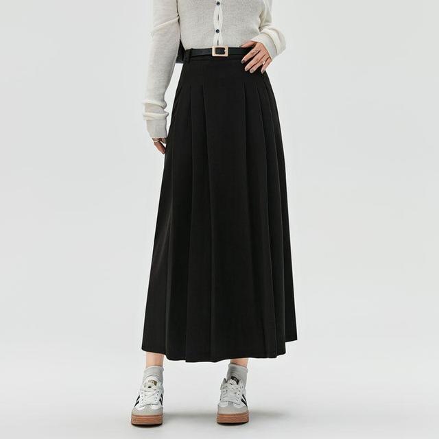 High Waist Plain Pleated Midi A-Line Skirt Product Image