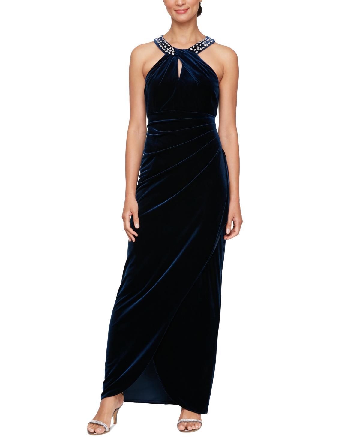 Sl Fashions Womens Embellished-Neck Pleat-Waist Velvet Gown Product Image