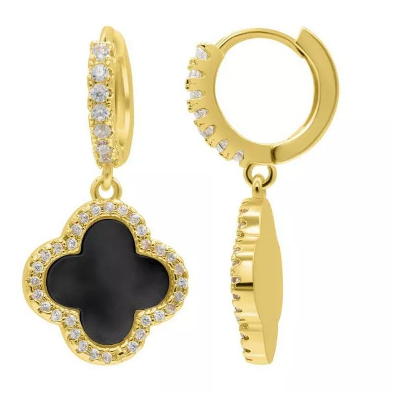 Adornia 14k Gold Plated Crystal Halo Clover Dangle Huggie Earrings, Womens, Gold Tone Black Product Image