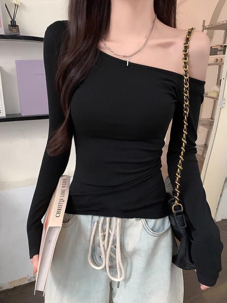 Long-Sleeve Off-Shoulder Plain Slim Fit Tee Product Image