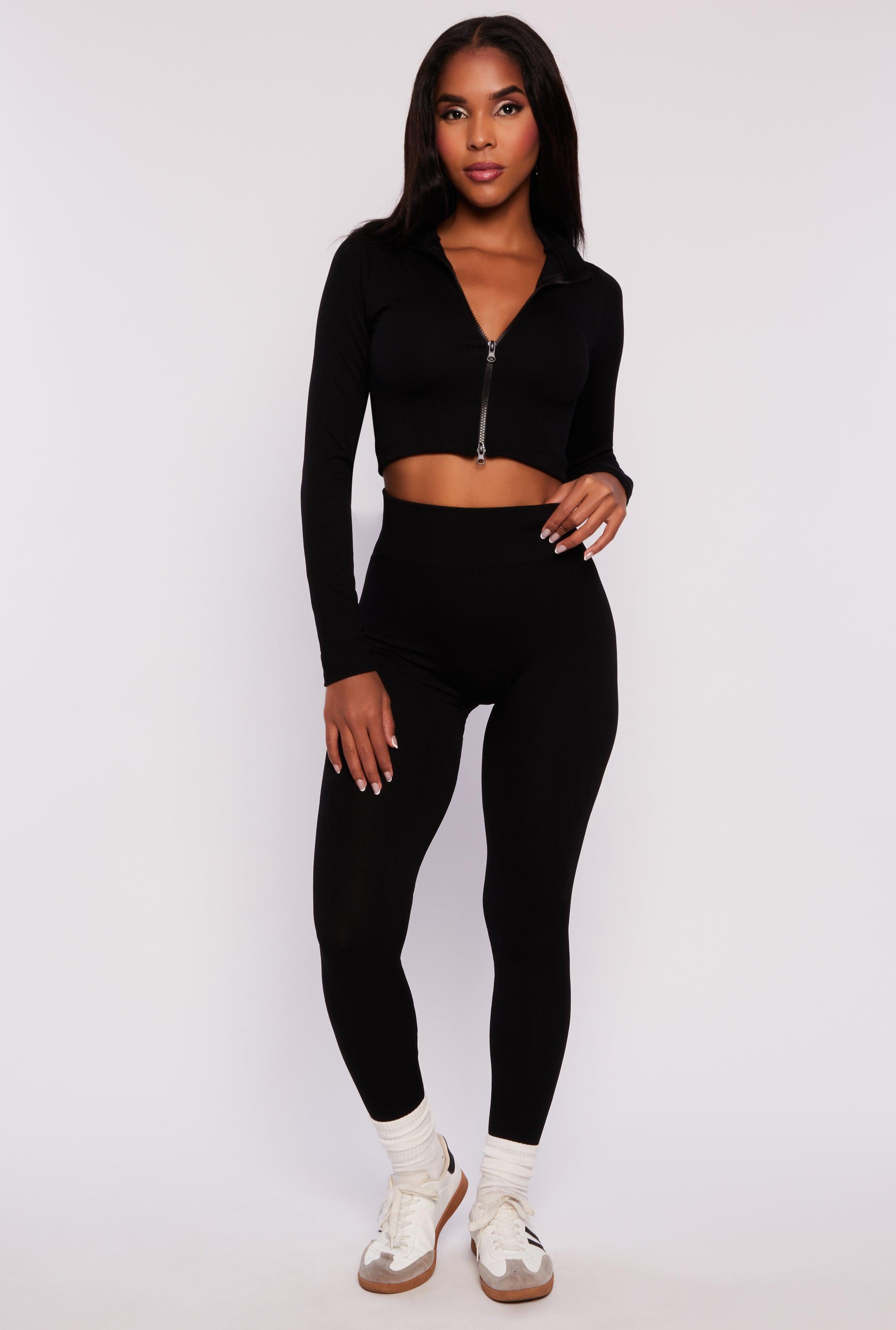 Womens Ribbed Knit Zip Front Crop Top and Leggings Set Product Image