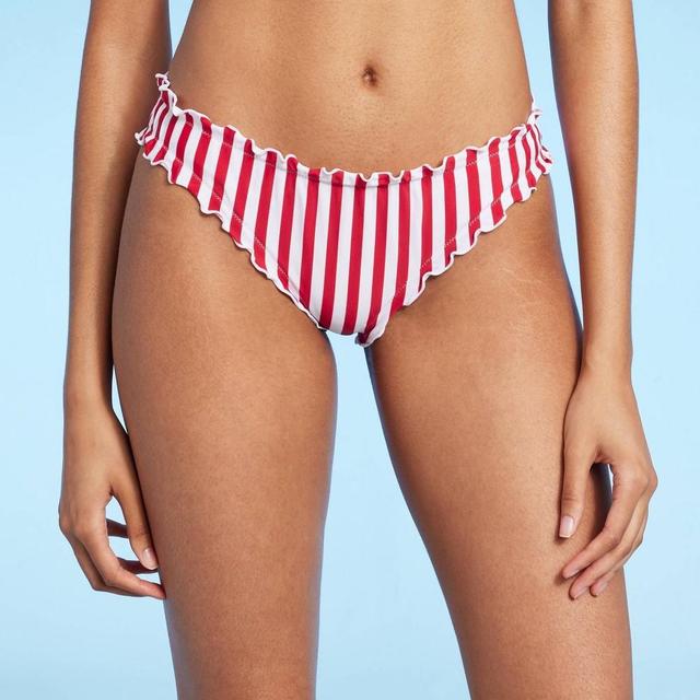 Womens Striped Ruffle Cheeky Bikini Bottom - Shade & Shore Red/White Product Image