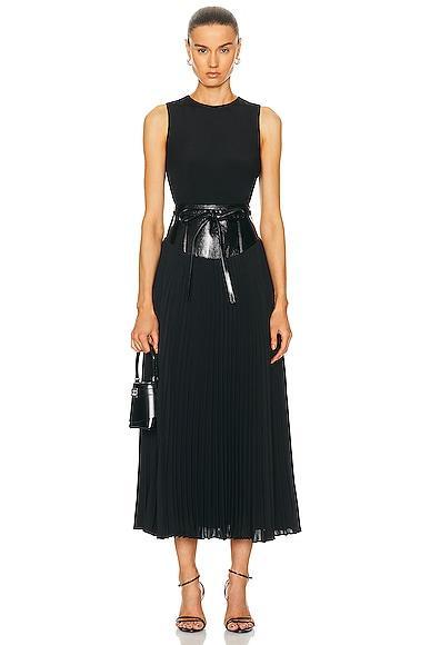 Brandon Maxwell The Claudia Leather Waist Pleated Dress Product Image