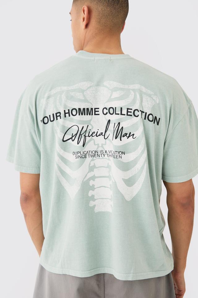 Mens Green Oversized Boxy Fit Skeleton Back Print Washed T-shirt, Green Product Image