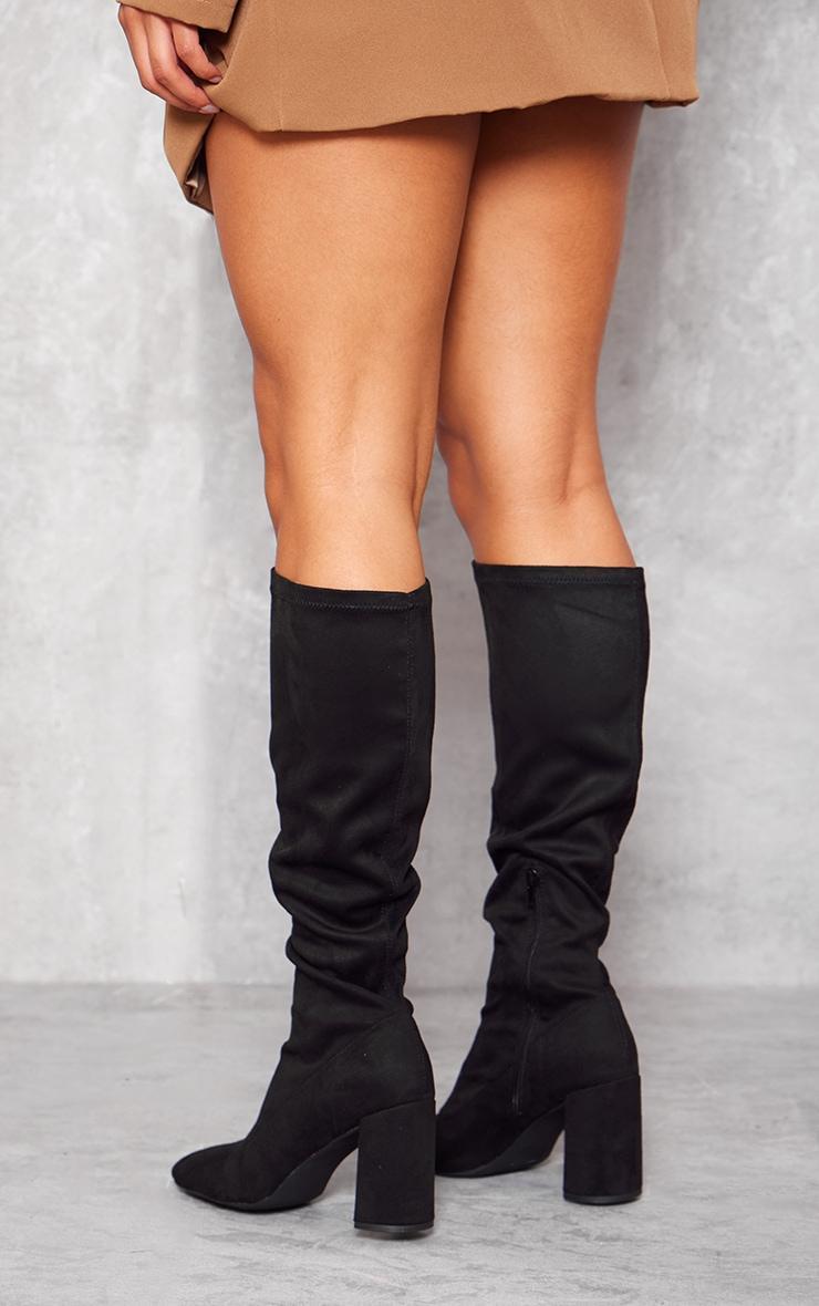 Black Faux Suede Round Toe Knee High Block Heeled Sock Boots Product Image