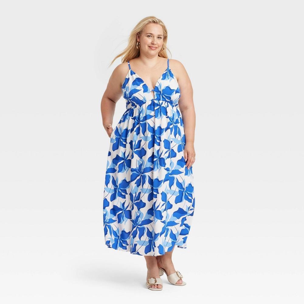 Womens Ruched Midi Dress - A New Day Blue Floral 2X Product Image