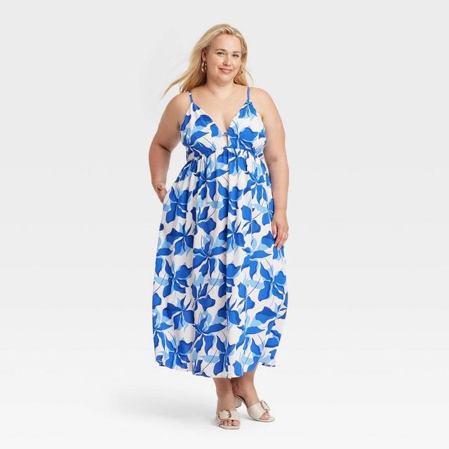 Womens Ruched Midi Dress - A New Day Blue Floral 4X Product Image