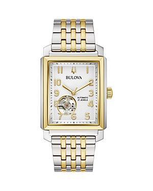 Men's Bulova Sutton Two-Tone Watch with Rectangular White Dial and Skeleton Heart (Model: 98A308) Product Image