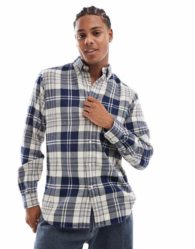 Polo Ralph Lauren icon logo plaid brushed flannel shirt in cream/navy Product Image