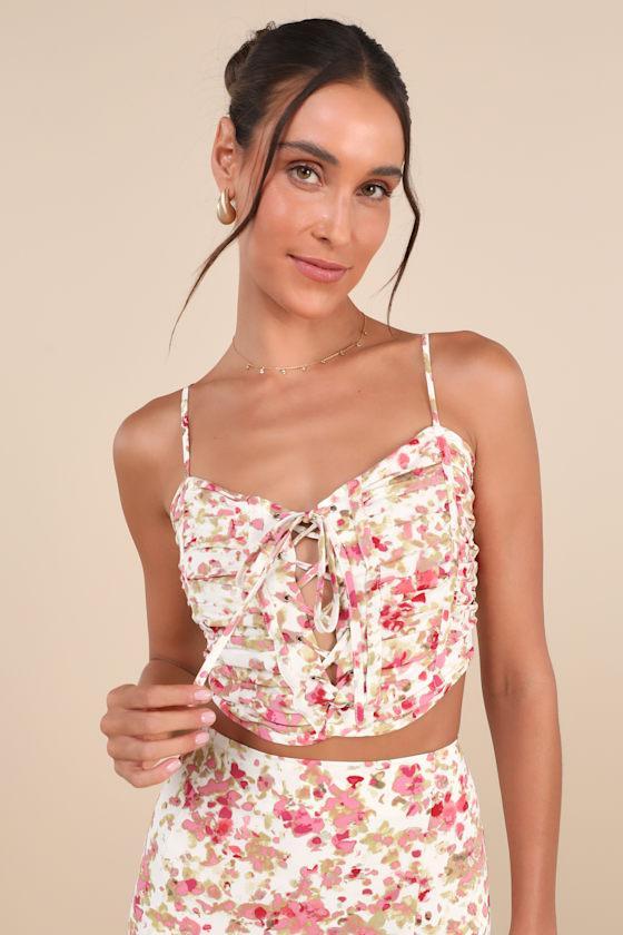 Mastered Elegance Ivory Multi Abstract Print Lace-Up Cami Top Product Image