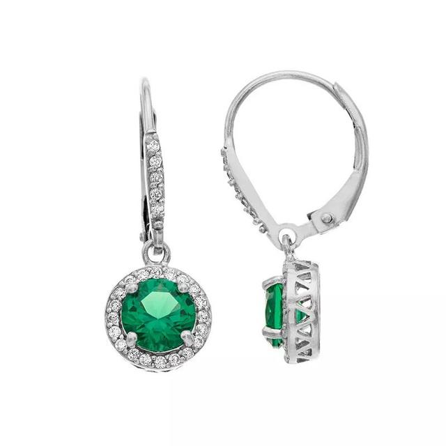 Aleure Precioso Sterling Silver Lab-Created Gemstone & Cubic Zirconia Halo Leverback Earrings, Womens, Sterling Silver Green Product Image