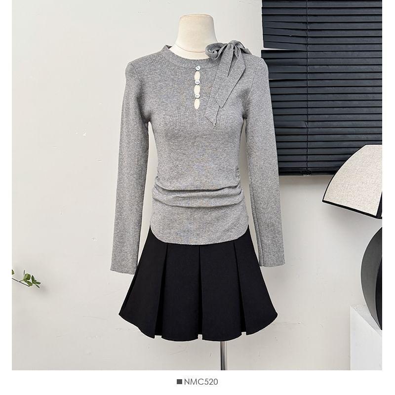 Tie-Neck Ruched Knit Top Product Image