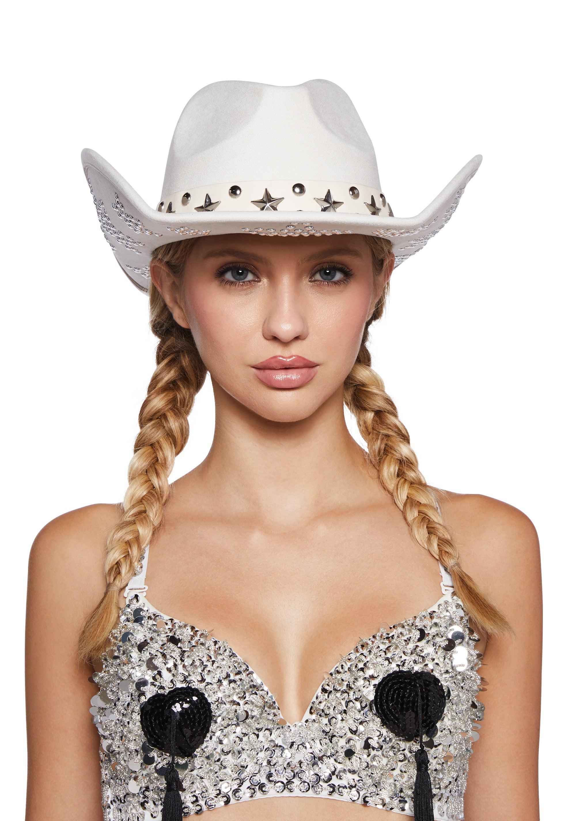 Faux Suede Cowboy Hat With Ball And Star Stud Designs - White product image