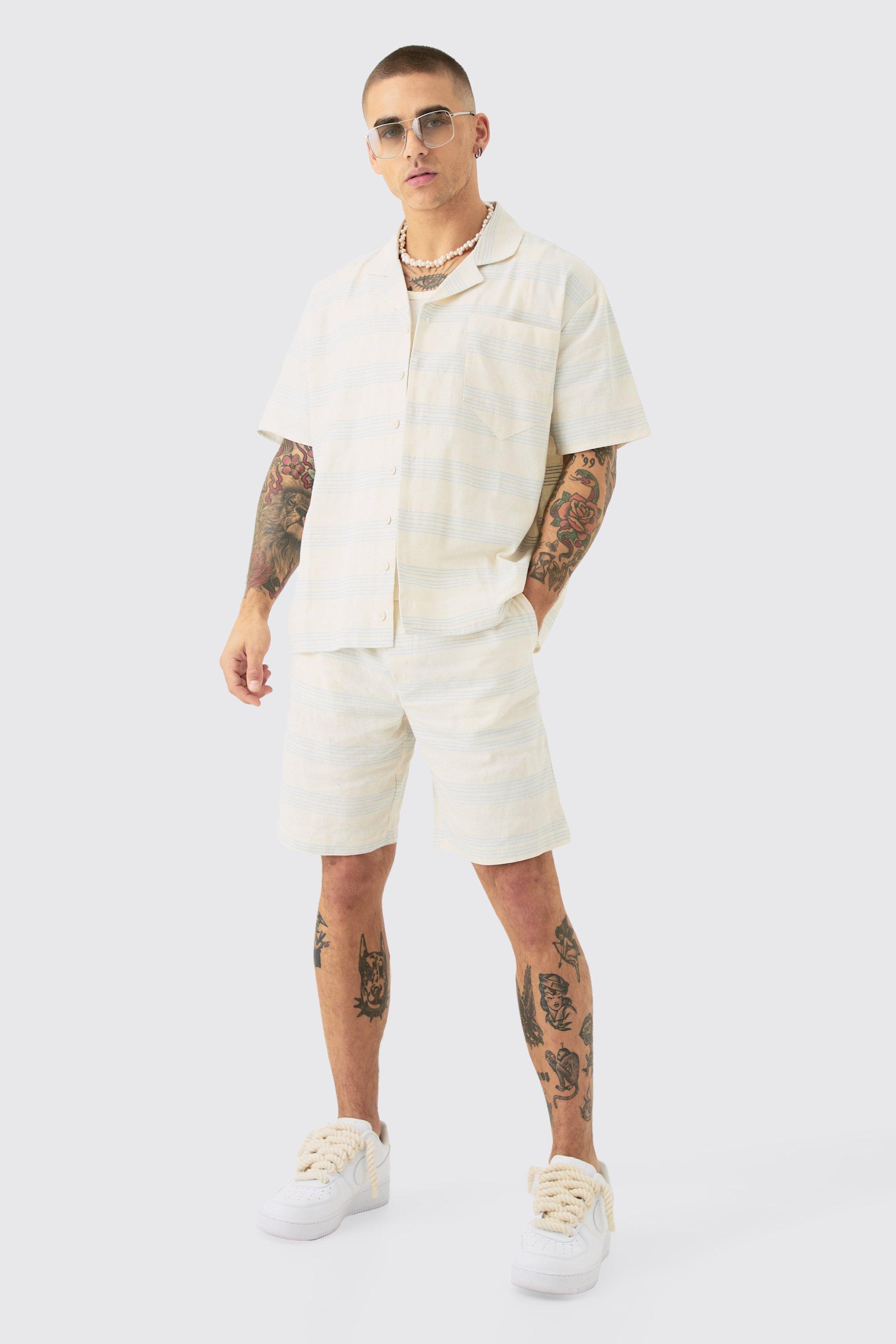 Boxy Short Sleeve Open Weave Shirt & Short Set | boohooMAN USA Product Image