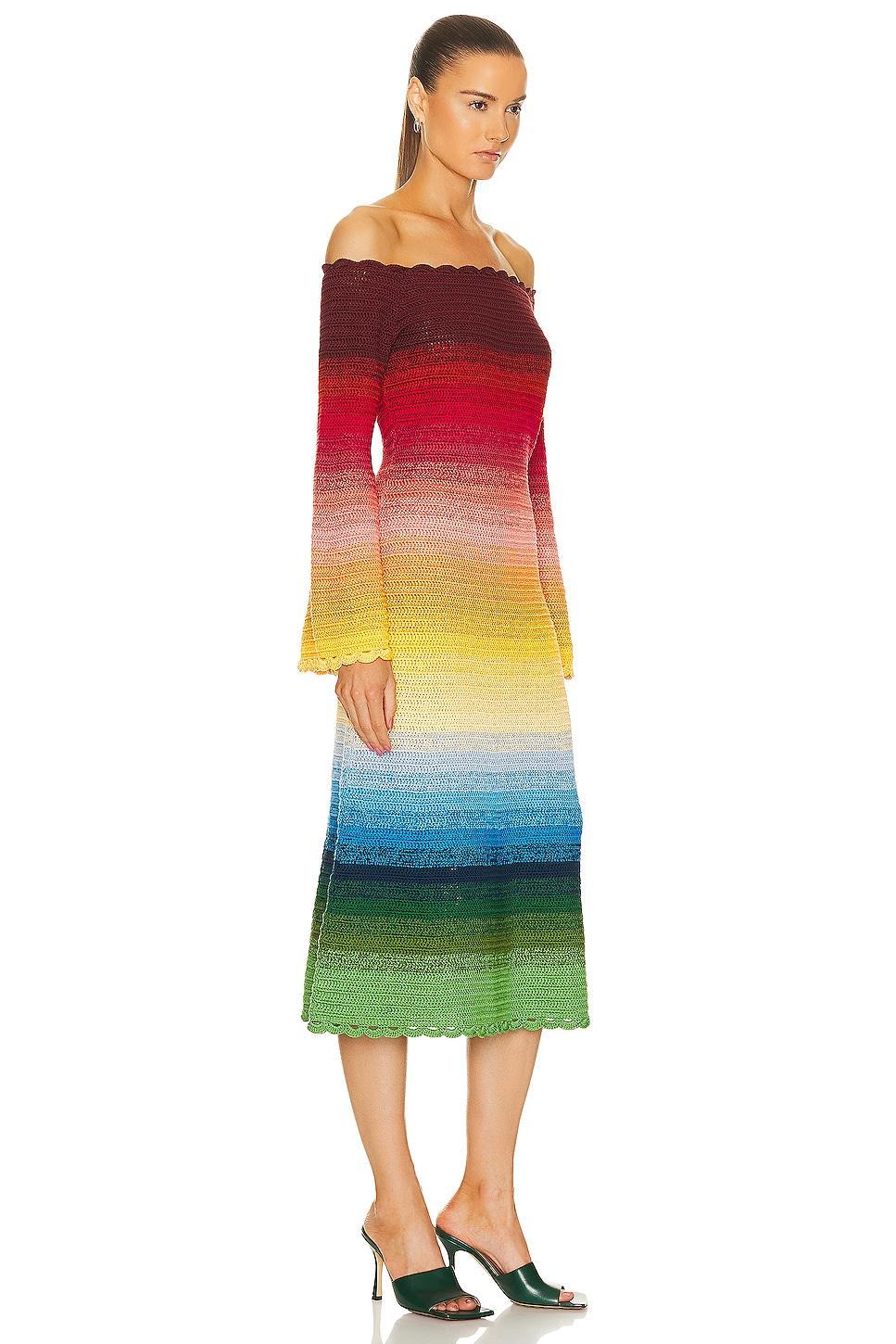 Oscar de la Renta Off Shoulder Rainbow Ombre Crochet Knit Dress in Red,Yellow Product Image