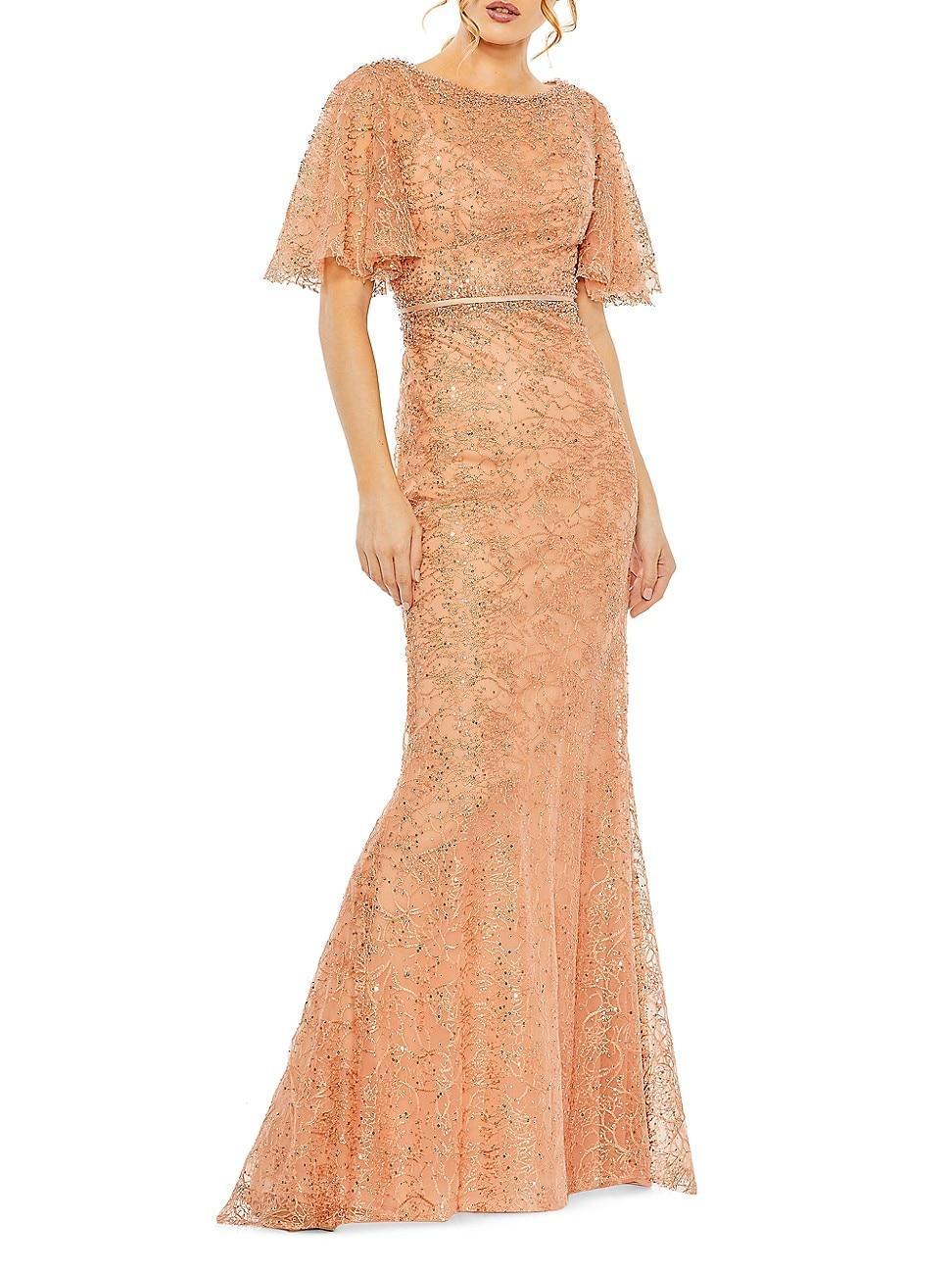 Womens Embellished Neck Butterfly Sleeve Trumpet Gown Product Image