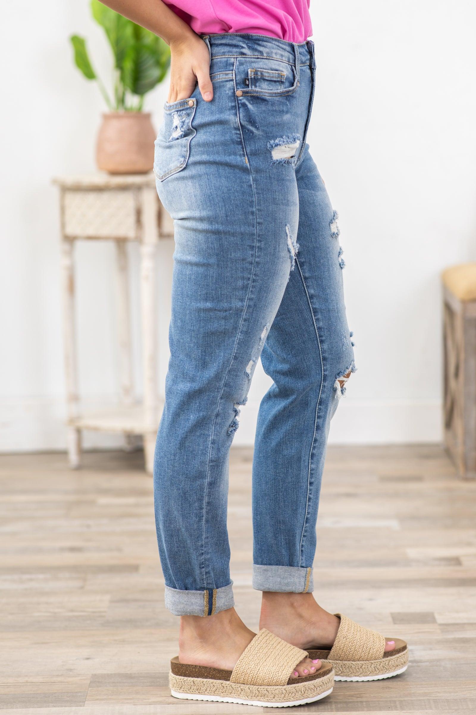 Judy Blue Cuffed Boyfriend Jean With Distress Product Image