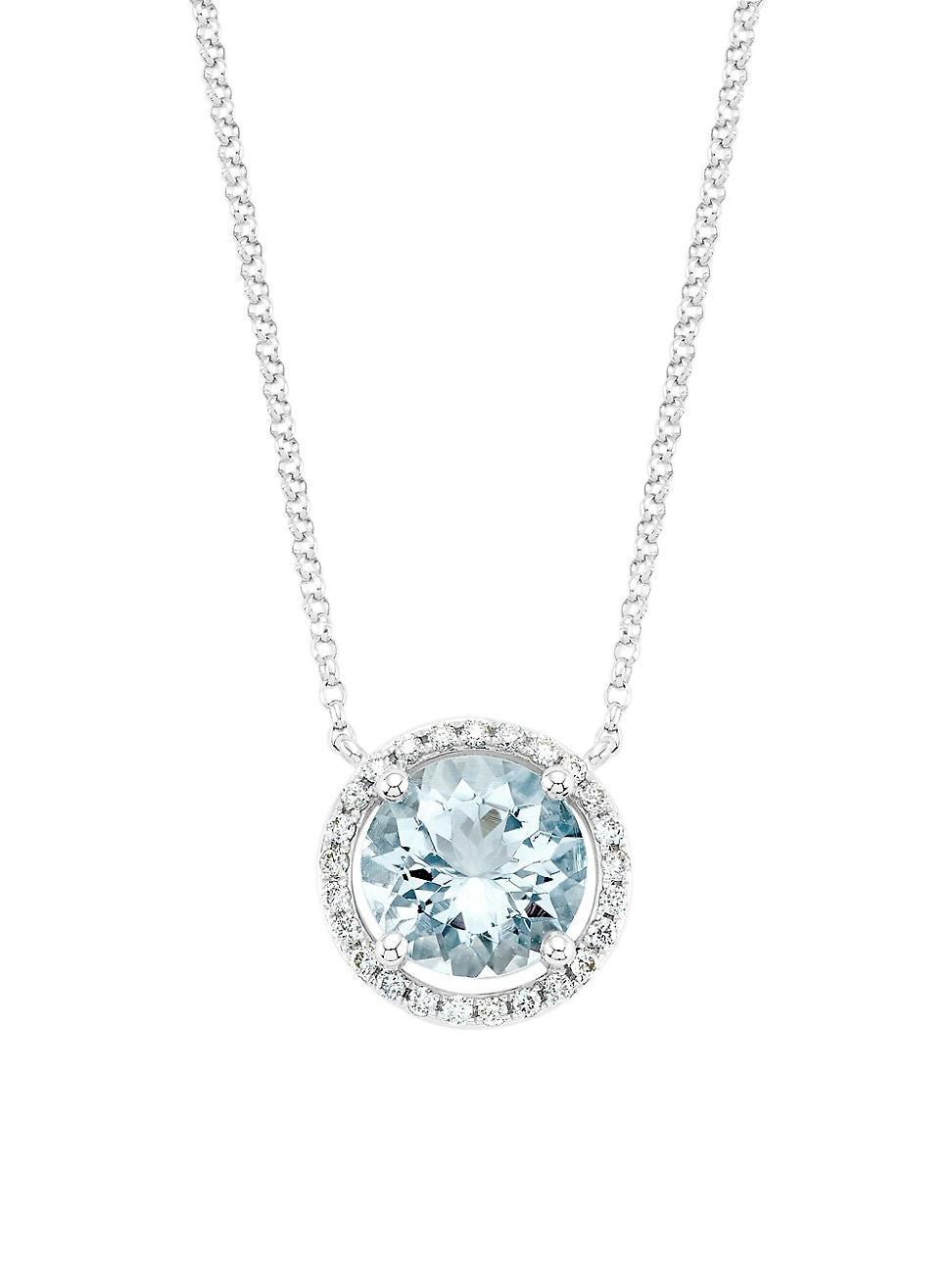 Womens 14K White Gold, 0.14 TCW Diamond & Aquamarine Pendant Necklace Product Image