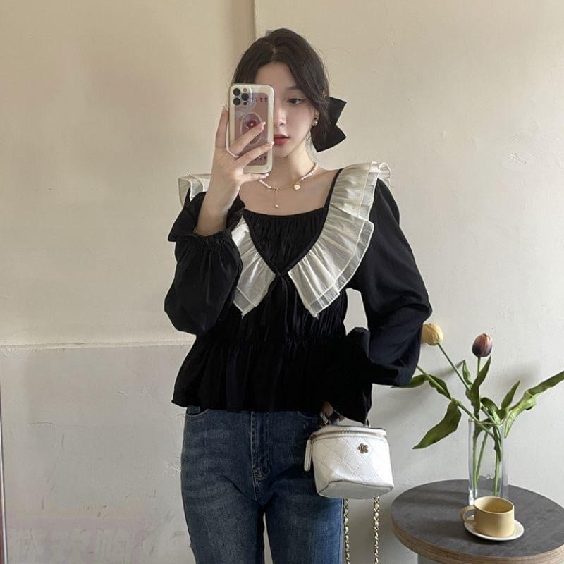 Long Sleeve Square Neck Two Tone Ruffle Trim Crop Blouse Product Image