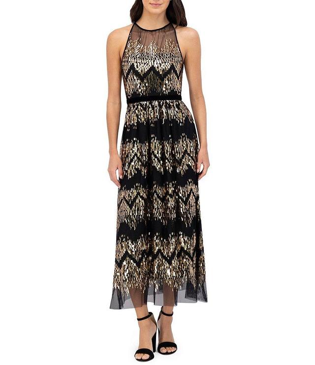 Vince Camuto Metallic Chevron Tulle A-Line Halter Neck Sleeveless Flounce Midi Dress Product Image