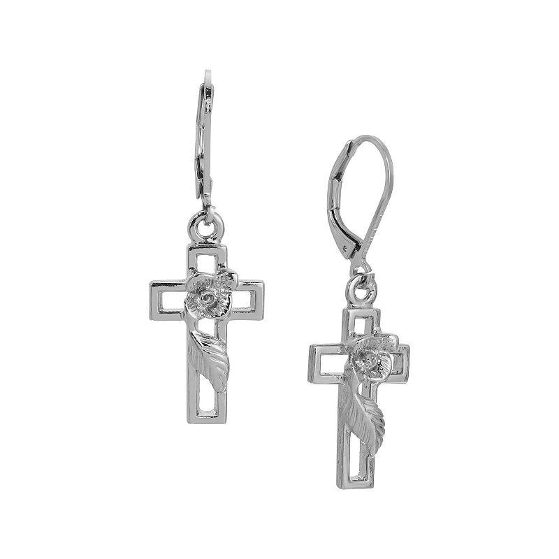 Symbols of Faith Cross and Rose Drop Earrings, Womens, Gray Product Image