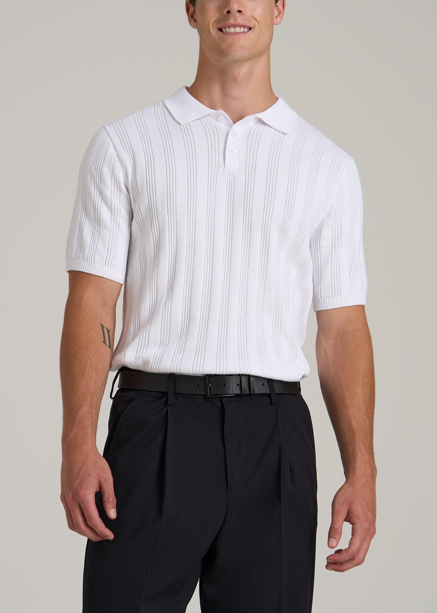 Ribbed Textured Knit Tall Men's Polo Shirt in White Product Image