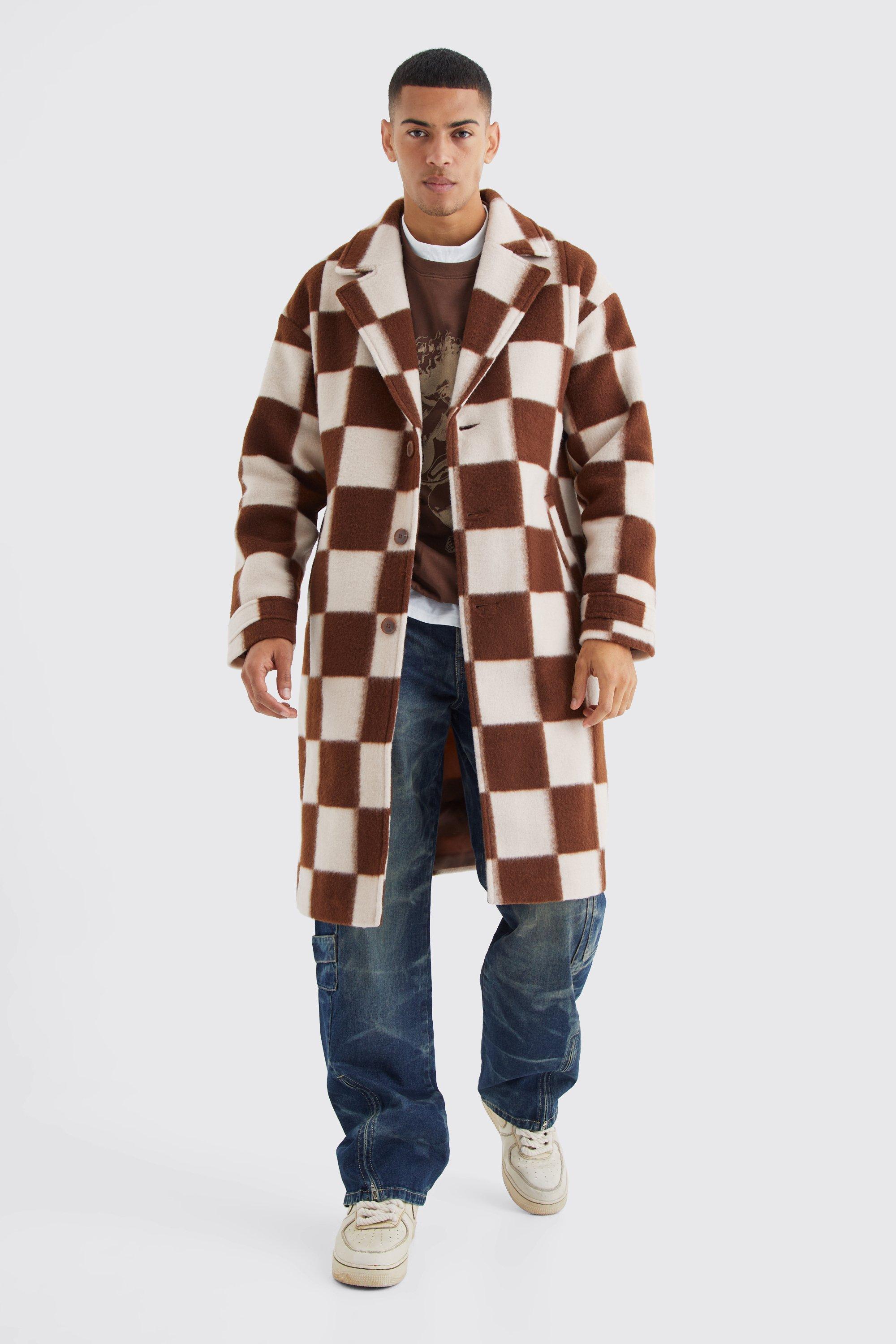 Wool Look Checkerboard Single Breasted Overcoat | boohooMAN USA Product Image