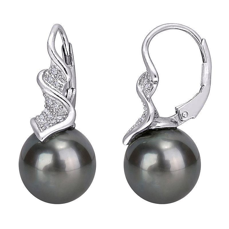 Stella Grace Sterling Silver Tahitian Cultured Pearl & 1/6 Carat T.W. Diamond Leverback Earrings, Womens, Black Product Image