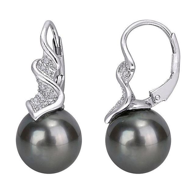 Stella Grace Sterling Silver Tahitian Cultured Pearl & 1/6 Carat T.W. Diamond Leverback Earrings, Womens, Black Product Image