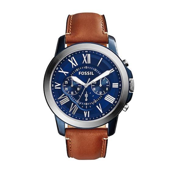 Men's Fossil Grant Two-Tone Chronograph Brown Leather Strap Watch with Blue Dial (Model: Fs5151) Product Image