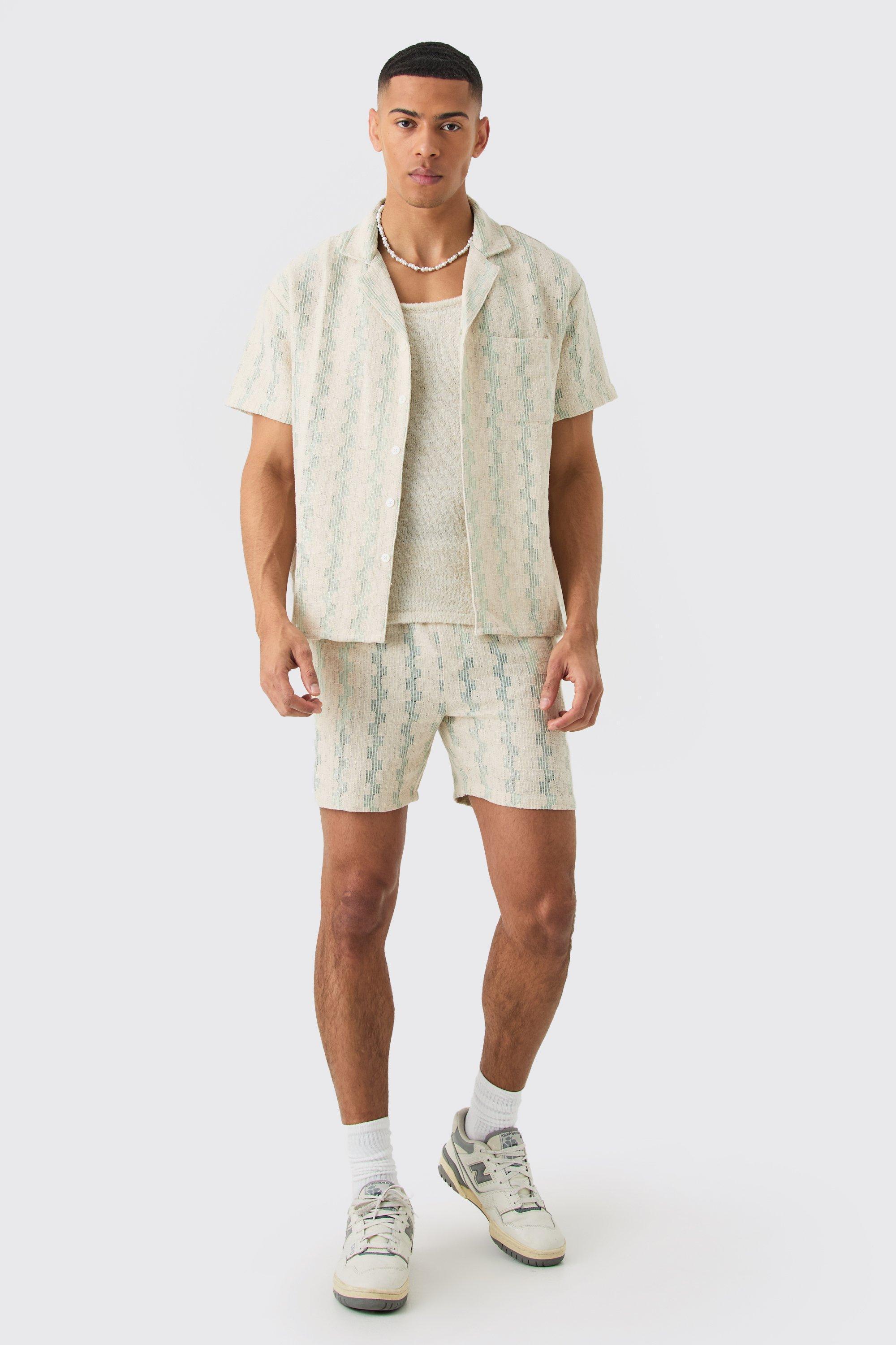 Oversized Open Weave Geo Stripe Shirt And Short | boohooMAN USA Product Image